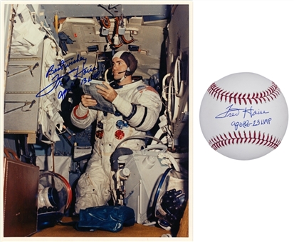 Lot of (2) Fred Haise Autographed and Apollo 13 Inscribed Official NASA 8x10 Photo and OML Baseball (Beckett)